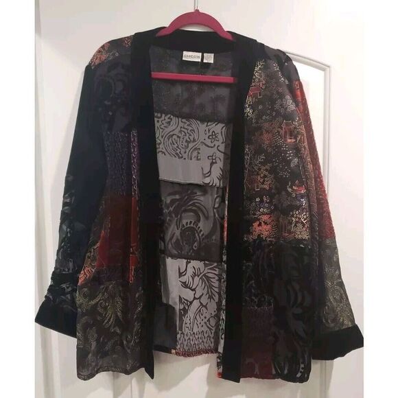 VINTAGE Chico's Kimono 3 Extra Large  Black Silk Blend Velvet Burnout Patchwork - Picture 2 of 12